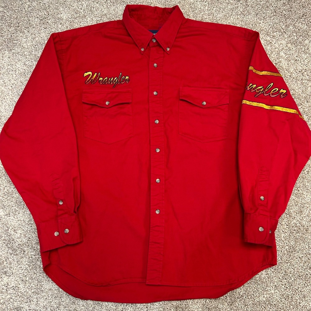 Vintage Wrangler‎ Button Down Shirt Men Size XL Red Gold Spellout 90s Cotton